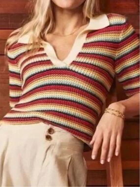 Marine Layer Spencer Polo Sweater Cream Multicolor Striped Knit Size Small